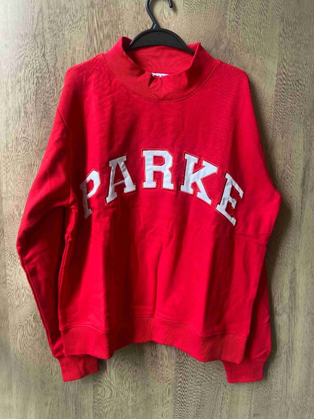 PARKE White Varsity Letter Mock Neck Pullover Red Casual Fleece Sweatshirt - Picture 1 of 6